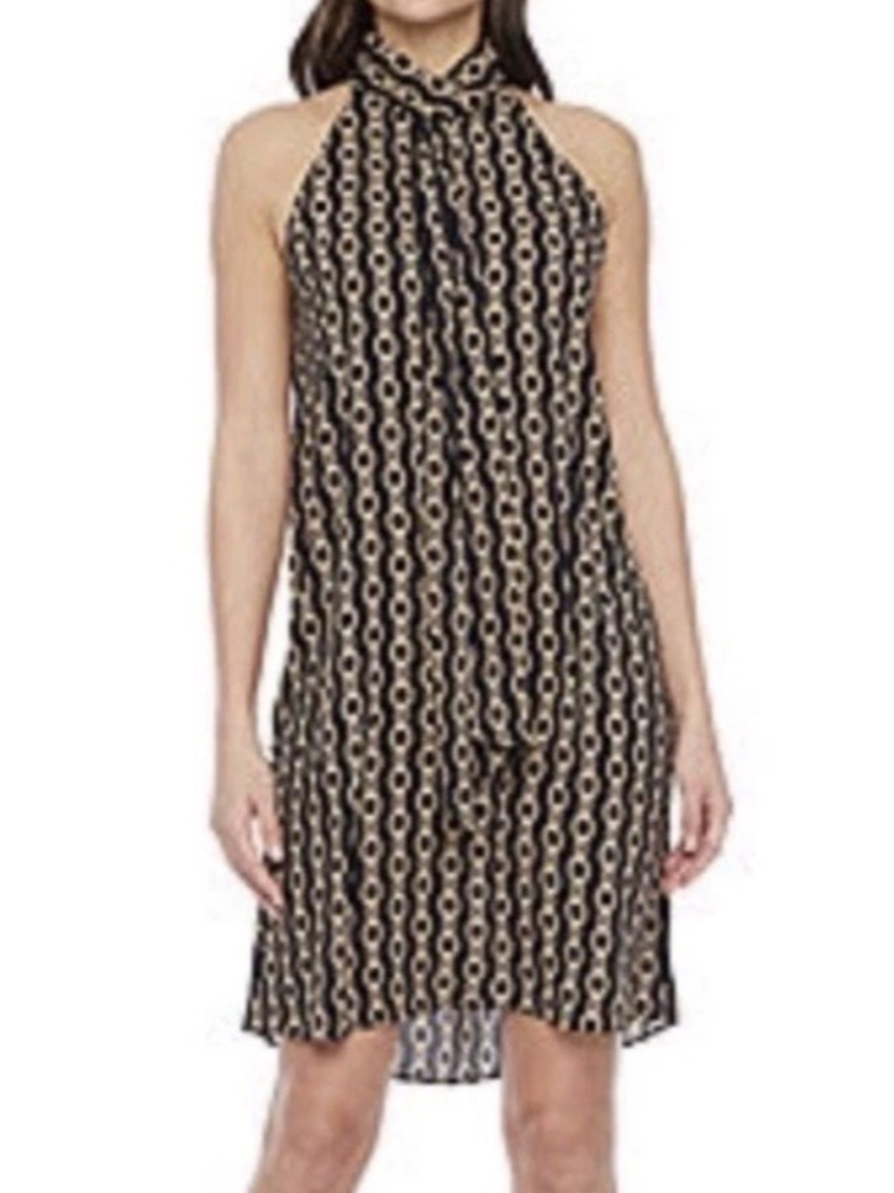 Worthington Women's Blouson Dress Chain Link Print Halter Black Gold XL